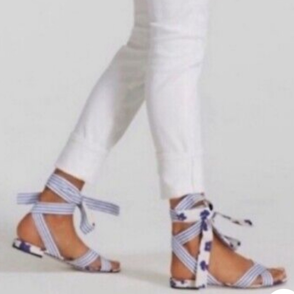 Sandals, Sz 8, ankle ties, floral stripe